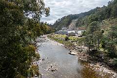 View of Tungatinah Power Station, along the Nive River, from the bridge on the Lyell Highway in central Tasmania.