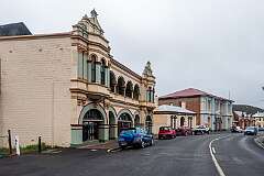 Main Street in Zeehan, 43 kilometres north of Strahan. Once a booming silver-mining town, Zeehan has retained much of its original turn-of-the-century architecture.