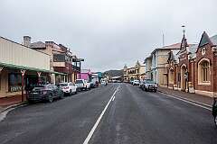 Main Street in Zeehan, with at right the West Coast Heritage Centre from the time it was silver-mining town.