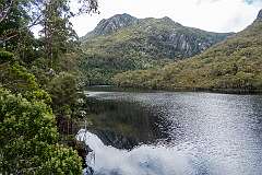 Lake Rosebery from the bridge on the Murchison Highway, at Tullah. It is a man-made water reservoir in the West Coast region of Tasmania and fed by the dammed Mackintosh and Murchison rivers.