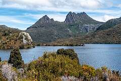 Dove Lake with Glacier Rock at its eastern shore, and Cradle Mountain in the south.