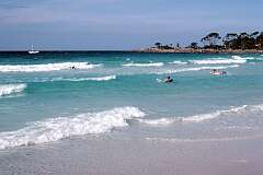 The beach along Binalong Bay, 11 kilometres north of St. Helens, on the north eastern coast of Tasmania.