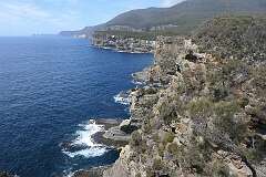 View along the coast, with in the distance The Lanterns off Cape Hauy, from Cliffs Lookout Point, Tasman National Park.