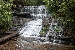 Lady Barron Falls on Lady Barron Creek, 3 kilometres west of the Mount Field Visitor Centre.