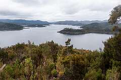 The view from Knob Lookout to man-made Lake Gordon.