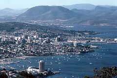 View of Sandy Bay with the Wrest Point Hotel, and Hobart City (in 1988).