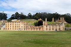 The Penitentiary in Port Arthur, originally constructed in 1845 as a flour mill and granary. After this failed, it was converted to accommodations for convics, with 13 separate cells on the bottom two floors and a dormitory for 348 men on the top floor. It was gutted by fire in 1897.