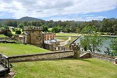 View of the harbour, with the Guard Tower, near the Senior Military Officer’s Quarters, the home of the Military Officer in charge of the soldiers at Port Arthur.