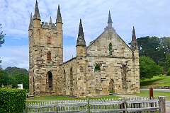 The Church, representing the important role of religion in convict reform at Port Arthur, built in 1837. Up to 1100 people attended compulsory services here each Sunday.