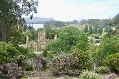 View from Scorpion Rock Lookout to the Church and Port Arthur penal station. From 1833 Port Arthur was used as a punishment station for repeat offenders from all the Australian colonies.