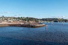 East Devonport from the ferry “Spirit of Tasmania”, linking Tasmania with Geelong, Victoria; view to Aikenhead Point, with in the background Mersey Bluff.