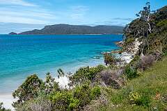 View to Fluted Cape and Penguin Island on South Bruny's east coast, from Adventure Bay.