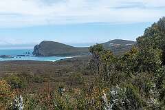 View from the Lighthouse Road to Lighthouse Bay, and Cape Bruny Lighthouse, on South Bruny Island.