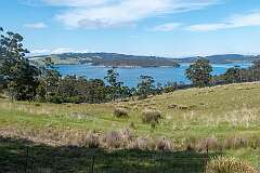 View from Lennon Road, leading to the ferry terminal, looking north across Barnes Bay, on North Bruny Island.