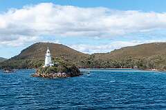 The Bonnet Island Lighthouse at the entrance to Macquarie Harbour, a huge inland sea of about 260 square kilometres.