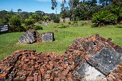 Ruins of Macquarie Harbour Penal Station, a former British colonial penal settlement on Sarah Island that operated between 1822 and 1833.