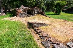 Ruins of the bakehouse with the oven at Macquarie Harbour Penal Station, a former British colonial penal settlement on Sarah Island that operated between 1822 and 1833.