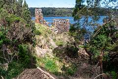 Ruins of the three-storey New Penitentiary above the old Penitentiary at Macquarie Harbour Penal Station on Sarah Island. Convicts ate and slept in these buildings.