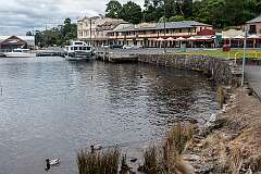 The harbour with the Esplanade, in Strahan, in 2024.