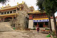 The new temple under construction and the older assembly or prayer hall in the Lower Gompa, a division of the Gontse Gaden Rabgyel Ling Monastery in downtown Bomdila.
