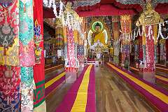 The Dukhang, the main assembly hall in Tawang Monastery, with its 8-metre tall statue of the Shakyamuni Buddha.
