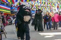 Dancing “yaks” with masked dancer in the Carnival Parade on the first day of the Tawang Festival.