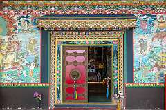 Entrance to the main prayer hall of the Khinmey Nyingma Monastery.