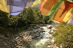 A bridge with prayer flags, 11 kilometres northwest of Dirang, at 1,787 metres altitude.