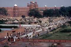 View to the Red Fort or Lal Qila in Old Delhi, that historically served as the main residence of the Mughal emperors.