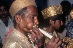 A music player at a Baraat Hindu wedding procession leading the groom on his horse, in Paharganj, a neighbourhood of Central Delhi.