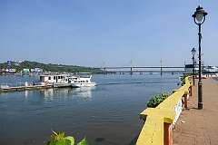 View to Atal Setu, a cable-stayed bridge in Goa that runs between Panaji and Porvorim. It carries National Highway 66 over the tidal part of the Mandovi River. Below are two older bridges for local traffic.