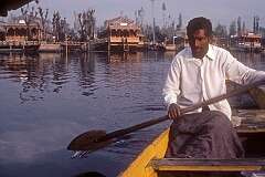 A rower of one of the the shikara, the water taxis on Dal Lake.