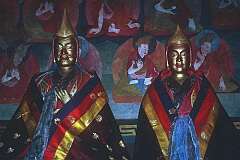 Gilded statues of lamas in Rizong Gompa Buddhist monastery.