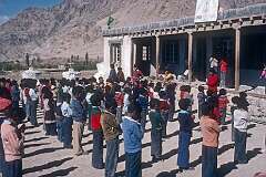 Saying prayers at the assembly at Lamdon Model School, a private English-language school in Leh.