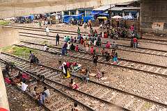 People on the railroad tracks near the station in Dimapur, seen from the flyover.