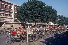 Rickshaw stand in front of shops in Chandigarh.