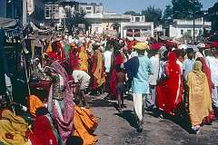 Large crowds at the Pushkar Mela, the Pushkar Camel Fair, a large annual livestock fair and cultural festival.