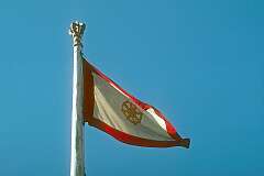 The flag of the Kingdom of Sikkim, since 1975 a state of India. It is flying in front of the Tsuklakhang Palace, Royal Chapel and Monastery.
