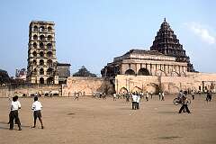 The Royal Palace and Bell Tower constructed by the by the rulers of the Thanjavur Nayak kingdom of Madurai around 1550. After the fall of the Nayaks, it was taken over by the Marathas.