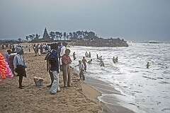 On the beach in Mahabalipuram (Mamallapuram), 57 kilometres south of Chennai. In the background the 8th-century Shore Temple.