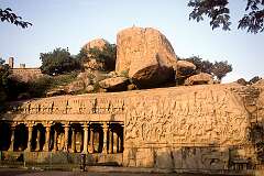 The imposing carved rock face at Arjuna's Penance (or Descent of the Ganges), carved in the mid-seventh century, measuring approximately 30 metres long and 15 metres high, in Mahabalipuram.