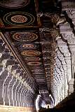 One of the magnificent corridors with its massive sculptured pillars and ceiling paintings at the Ramanathaswamy Temple in the holy city of Rameswaram, south eastern Tamil Nadu.