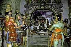 A shrine with religious statues at the Ramanathaswamy Temple in the holy city of Rameswaram.