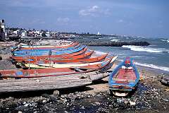 Fishing boats on the beach of Kanniyakumari.