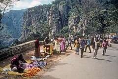 At Pillar Rock, with fruit sellers, a 6 kilometres walk from Kodaikanal.