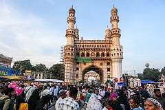View northwards, of the Charminar (lit. 'four minarets'), constructed in 1591 by fifth ruler of the Qutb Shahi dynasty, Muhammad Quli Qutb Shah after he shifted his capital from Golconda to Hyderabad.
