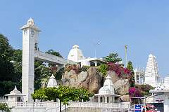 The Birla Mandir, an imposing, hilltop marble Hindu temple, with towers, shrines and interior carvings. It is located near Hussain Sagar Lake, atop a 85-metre high hillock called Naubath Pahad.