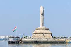 The Buddha statue, the world's tallest monolith of Gautama Buddha, on Gibraltar Rock in the middle of Hussain Sagar lake, at Lumbini Park. The statue was installed on the platform on 1 December 1992.