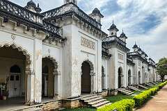 The Bara Imam, a long corridor of rooms facing the central fountain and pool that once housed the administrative wing of the Chowmahalla Palace, the official residence of the Nizams during their reign.