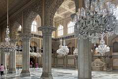 The grand pillared Durbar Hall, the formal Meeting Hall, in the Khilwat Mubarak, the heart of Chowmahalla Palace, with its 19 spectacular Chandeliers of Belgian crystal.